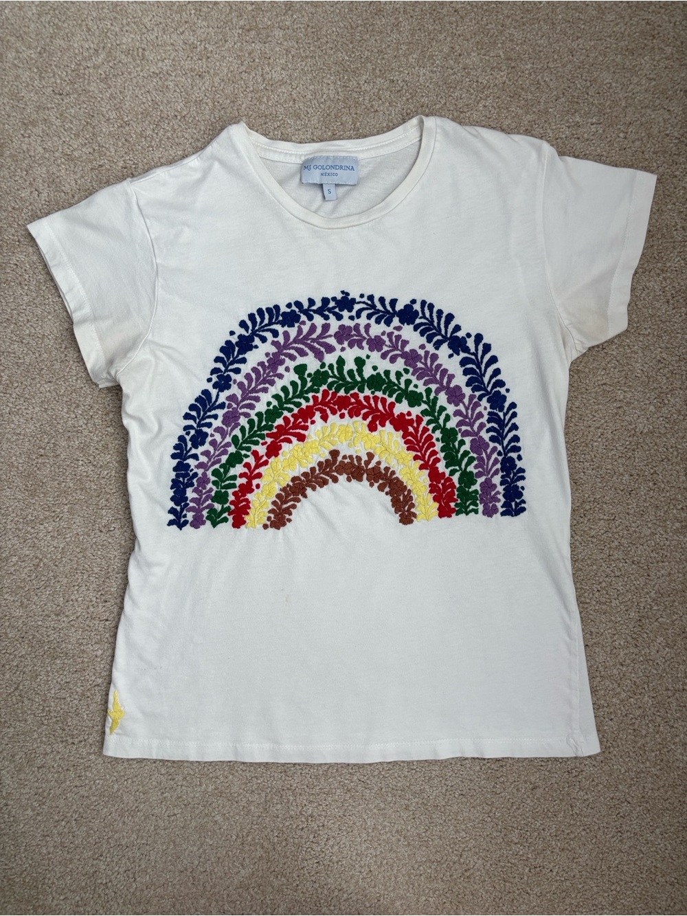 Mi Golondrina short-sleeve t-shirt w/ colorful embroidered rainbow design, Small - Picture 2 of 6